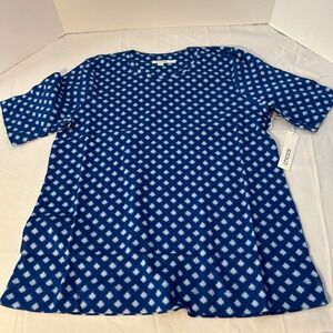 Chico's Women's Top Blue Diamond Print Short Sleeve Blouse Size 2‎ US L